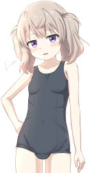 Rule 34 | 1girl, bare arms, bare shoulders, black one-piece swimsuit, blush, breasts, brown hair, collarbone, commentary request, covered navel, cowboy shot, fang, female focus, gluteal fold, hand on own hip, highres, looking at viewer, old school swimsuit, one-piece swimsuit, parted lips, purple eyes, school swimsuit, simple background, slow loop, small breasts, solo, standing, swimsuit, takasuma hiro, twintails, upper body, white background, yoshinaga koi