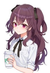 Rule 34 | 1girl, absurdres, blush, bow, cup, hair bow, highres, holding, holding cup, jururu, looking at viewer, mmlyno, pale skin, purple eyes, purple hair, signature, simple background, smile, solo, virtual youtuber, waktaverse, white background