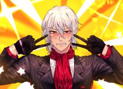 Rule 34 | 1boy, antonio salieri (fate), antonio salieri (second ascension) (fate), black gloves, black suit, blurry, blurry background, blush, chan100577, clenched teeth, double v, emotional engine - full drive, fate/grand order, fate (series), formal, gloves, hair between eyes, hands up, highres, long sleeves, looking at viewer, male focus, parody, pinstripe pattern, pinstripe suit, red eyes, red neckwear, short hair, silver hair, solo, sparkle, star (symbol), striped, suit, sunburst, sunburst background, teeth, v, yellow background