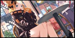 Rule 34 | 2girls, abigail williams (fate), abigail williams (traveling outfit) (fate), backpack, bag, balloon, black bow, black hair, blonde hair, blue eyes, blush, bow, breasts, building, chair, crossed bandaids, eating, fate/grand order, fate (series), food, food on face, glass bottle, heroic spirit traveling outfit, holding, holding food, jacket, katsushika hokusai (fate), looking at viewer, multiple girls, official alternate costume, open mouth, orange bow, polka dot, polka dot bow, solo focus, stuffed animal, stuffed toy, table, teddy bear, tokitarou (fate), tsuuhan