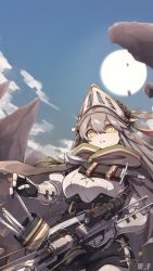 Rule 34 | 1girl, absurdres, arknights, armor, artist name, belt, bow (weapon), breastplate, cloak, crossbow, dagger, fartooth (arknights), gauntlets, grey hair, highres, holding, holding crossbow, holding weapon, if f, knife, outdoors, parted lips, scope, sheath, sheathed, shorts, sky, solo, sun, visor (armor), weapon, yellow eyes
