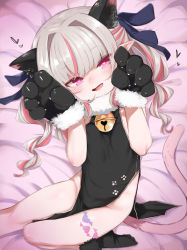 Rule 34 | 1girl, :d, absurdres, animal ears, animal hands, bell, black ribbon, blush, breasts, breasts squeezed together, cat ears, cat tail, china dress, chinese clothes, claw pose, dress, fangs, female focus, from above, fur-trimmed gloves, fur trim, gloves, grey hair, hair intakes, hair ribbon, hands up, heart, heart-shaped pupils, heart tattoo, highres, jingle bell, leg tattoo, looking at viewer, lying, makaino ririmu, multicolored hair, neck bell, nijisanji, no panties, on back, on bed, open mouth, paw gloves, pelvic curtain, pink eyes, ribbon, skin fangs, small breasts, smile, solo, streaked hair, symbol-shaped pupils, tail, tattoo, twintails, utsusumi kio, virtual youtuber