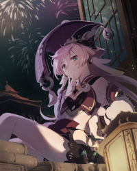 Rule 34 | 1girl, antlers, aqua eyes, bare shoulders, black bloomers, black bra, bloomers, book, bra, breasts, cleavage, closed mouth, fireworks, genshin impact, hand on own face, highres, horns, kinatsu k, long sleeves, looking at viewer, midriff, night, night sky, pink hair, red headwear, red vest, sitting, sky, small breasts, smile, smug, underwear, vest, yanfei (genshin impact)