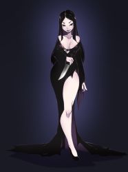 Rule 34 | 1girl, addams family, black dress, black hair, black lips, black nails, breasts, cleavage, cosplay, dress, high heels, highres, knife, large breasts, legs, lipstick, long hair, makeup, morticia addams (cosplay), nail polish, aged up, punipaws, side slit, thighs, wednesday addams