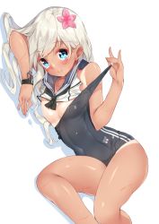 Rule 34 | 10s, 1girl, bare shoulders, blonde hair, blue eyes, blush, breasts, cleavage, clothes pull, covered navel, flower, hair flower, hair ornament, kantai collection, long hair, looking at viewer, lying, on side, one-piece swimsuit, one-piece swimsuit pull, one-piece tan, pulled by self, ro-500 (kancolle), sailor collar, school swimsuit, simple background, small breasts, smile, solo, swimsuit, tan, tanline, white background, white hair, yappen, yatsu (sasuraino)