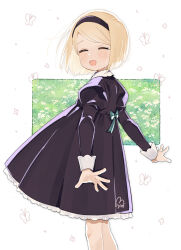 Rule 34 | 1girl, black dress, black hair, blonde hair, blush, bug, butterfly, closed eyes, commentary request, dress, facing viewer, highres, insect, juliet sleeves, long sleeves, moyori, open mouth, original, puffy sleeves, short hair, smile, solo