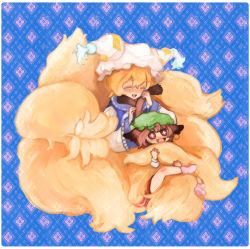 Rule 34 | 2girls, ^ ^, animal ears, animal hat, bad id, bad pixiv id, blonde hair, blush, brown hair, cat ears, cat girl, cat tail, chen, chibi, closed eyes, earrings, fang, female focus, fluffy, fox tail, hat, hug, hugging another&#039;s tail, jewelry, large tail, long sleeves, mob cap, multiple girls, multiple tails, red eyes, ruto (petatann), short hair, socks, symbol-shaped pupils, tail, hugging tail, tassel, touhou, wide sleeves, yakumo ran