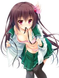 Rule 34 | 10s, 1girl, bare shoulders, black thighhighs, blush, bow, bow bra, bra, breasts, brown hair, closed mouth, clothes pull, downblouse, eyebrows, flashing, frills, green skirt, hair between eyes, hair ornament, kantai collection, kisaragi (kancolle), long hair, looking at viewer, miniskirt, mouth hold, navel, nipples, off shoulder, open clothes, open shirt, pink bow, pink bra, pinky out, pleated skirt, ribbon, ribbon in mouth, school uniform, serafuku, shirt, simple background, skirt, skirt pull, small breasts, smile, solo, standing, strap slip, suzui narumi, sweat, thighhighs, underwear, very long hair, white background, white shirt