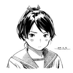 Rule 34 | 1girl, blush, character request, check copyright, closed mouth, copyright request, dated, female focus, greyscale, horikou, kantai collection, looking at viewer, monochrome, portrait, school uniform, serafuku, shirt, short hair, signature, simple background, solo, white background