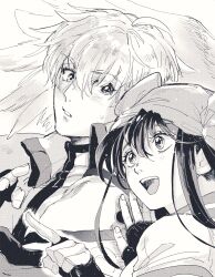 Rule 34 | 1 ssmk, 1boy, 1girl, black gloves, blonde hair, blush, couple, crop top, dizzy (guilty gear), fingerless gloves, gloves, guilty gear, guilty gear xx, hair between eyes, highres, ky kiske, looking afar, looking at another, monochrome, open mouth, sailor collar, sailor shirt, shirt, simple background, single wing, traditional media, white background, wings