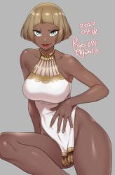 Rule 34 | 1girl, agawa ryou, armpits, bare shoulders, blonde hair, blue eyes, breasts, collarbone, dark-skinned female, dark skin, dated, dress, grey background, large breasts, lipstick, looking at viewer, makeup, nail polish, no panties, original, short dress, short hair, signature, simple background, sleeveless, solo, thighs, v-shaped eyebrows, white dress