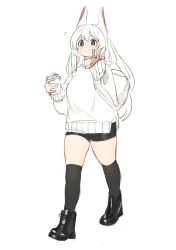 Rule 34 | 1girl, animal ear fluff, animal ears, black shorts, blush, boots, bottle, breasts, highres, long hair, medium breasts, nimo (b45ui), original, rabbit ears, red eyes, shorts, simple background, sleeves past wrists, smile, sweater, thighhighs, thighs, waving, white background, white hair, white sweater