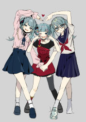 Rule 34 | 3girls, absurdres, aqua eyes, aqua hair, closed mouth, full body, glasses, hair ornament, hairclip, hatsune miku, highres, holding hands, locked arms, multiple girls, omutatsu, one eye closed, open mouth, sailor collar, school uniform, serafuku, shoes, single thighhigh, socks, thighhighs, twintails, vocaloid, wavy mouth
