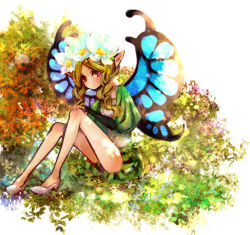 Rule 34 | bare legs, blonde hair, braid, butterfly wings, flower, hair flower, hair ornament, insect wings, legs, long hair, looking at viewer, mercedes (odin sphere), odin sphere, pointy ears, puff and slash sleeves, puffy shorts, puffy sleeves, red eyes, sasa (cuculolo), shorts, sitting, solo, twin braids, wings