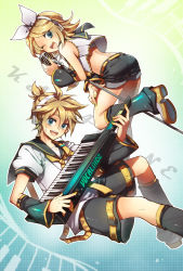 Rule 34 | 1boy, 1girl, bad id, blonde hair, blue eyes, bow, brother and sister, hair bow, headband, highres, instrument, kagamine len, kagamine rin, keyboard, limble, microphone, microphone stand, open mouth, ribbon, siblings, smile, twins, vocaloid, wink