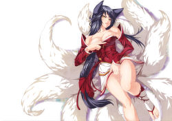 Rule 34 | 1girl, ahri (league of legends), animal ears, bare shoulders, barefoot, black hair, blue hair, breasts, cle masahiro, cleavage, clothes pull, covered navel, covering privates, covering crotch, detached sleeves, facial mark, feet, fox, fox ears, fox tail, highres, korean clothes, large breasts, league of legends, legs, long hair, lying, multiple tails, nipple slip, nipples, open mouth, seductive smile, shirt pull, slit pupils, smile, solo, tail, toeless legwear, toes, whisker markings, yellow eyes