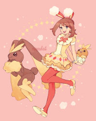 Rule 34 | 1girl, :d, alternate color, bow hairband, brown hair, choker, commentary, creatures (company), egg, game freak, gen 3 pokemon, gen 4 pokemon, hairband, happy, holding, holding egg, lopunny, may (pokemon), may (spring 2021) (pokemon), medium hair, miyaulait, nintendo, official alternate costume, open mouth, pantyhose, pink background, pokemon, pokemon (creature), pokemon masters ex, red hairband, red pantyhose, shirt, shoes, short sleeves, signature, skirt, smile, sparkle, teeth, tongue, torchic, upper teeth only, watermark, wrist cuffs, yellow choker, yellow footwear, yellow shirt, yellow skirt