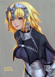 Rule 34 | 1girl, armor, armored dress, artist name, blonde hair, blue eyes, braid, breasts, carlo montie, chain, closed mouth, eyelashes, fate/apocrypha, fate (series), gauntlets, headpiece, highres, jeanne d&#039;arc (fate), jeanne d&#039;arc (ruler) (fate), lips, long hair, medium breasts, purple eyes, single braid, smile, solo, yellow eyes
