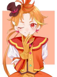 Rule 34 | brooch, commentary, cure wing, earrings, gloves, hat, highres, hirogaru sky! precure, jewelry, magical boy, male focus, meg 0330, mini hat, mini top hat, one eye closed, orange eyes, orange gloves, orange hair, parted bangs, ponytail, precure, puffy short sleeves, puffy sleeves, short sleeves, smile, solo, top hat, wing brooch, wing hair ornament