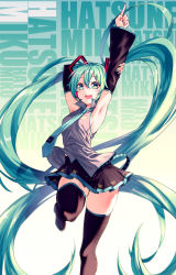 Rule 34 | 1girl, :d, aqua background, aqua eyes, aqua hair, aqua nails, aqua necktie, armpits, arms up, bare shoulders, black skirt, black thighhighs, character name, chinese commentary, commentary request, feet out of frame, gradient background, grey shirt, hatsune miku, highres, index finger raised, koissa, long hair, long sleeves, looking at viewer, miniskirt, nail polish, necktie, open mouth, pleated skirt, shirt, skirt, sleeveless, sleeveless shirt, smile, solo, standing, standing on one leg, thighhighs, thighs, very long hair, vocaloid, wide sleeves, zettai ryouiki