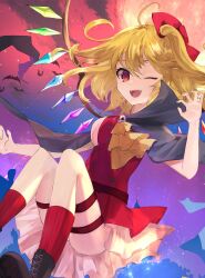 Rule 34 | 1girl, ahoge, bat (animal), bat wings, belt, black cape, black footwear, blonde hair, boots, bow, breasts, brown belt, buttons, cape, crystal, dress, eyebrows hidden by hair, eyelashes, fang, flandre scarlet, frilled dress, frills, full moon, hair between eyes, hair bow, halloween, halloween costume, hand up, happy, high collar, highres, legs, light particles, medium breasts, medium hair, moon, multicolored wings, neckerchief, no headwear, one eye closed, open mouth, paw pose, rainbow order, red bow, red dress, red eyes, red moon, red sky, short dress, side ponytail, skull ornament, sky, smile, solo, teeth, thigh strap, thighs, touhou, tsukikusa, upper teeth only, wind, wings, yellow neckerchief
