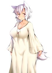 Rule 34 | 1girl, :&lt;, :o, alternate costume, animal ears, blush, breasts, chemise, cleavage, curvy, highres, inubashiri momiji, large breasts, looking at viewer, nightgown, plump, red eyes, shishi juuroku, short hair, simple background, solo, standing, tail, thick eyebrows, thick thighs, thighs, touhou, triangle mouth, white background, white hair, wide hips, wolf ears, wolf tail