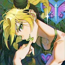 Rule 34 | 1girl, blonde hair, braid, bug, butterfly, eyeshadow, green background, green eyes, green eyeshadow, green hair, green nails, green shirt, hair bun, hand to own mouth, insect, jojo no kimyou na bouken, kuujou jolyne, lipstick, looking at viewer, makeup, multicolored hair, nail, nail polish, parted lips, shirt, solo, soorin, sparkle, stone ocean, tank top, thorns