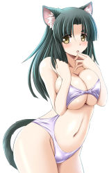Rule 34 | 1girl, animal ears, black hair, breasts, casual one-piece swimsuit, cat ears, cat tail, cleavage, clothing cutout, large breasts, long hair, milk (tonpuu), navel, navel cutout, one-piece swimsuit, original, solo, swimsuit, tail, tonpuu, yellow eyes