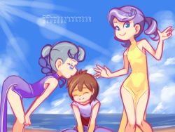 Rule 34 | 1boy, 2021, 20s, 2girls, beach, bent over, blue eyes, blush, braid, brown hair, calendar, china dress, chinese clothes, closed eyes, cloud, crown hair ornament, dated, diamond tiara, drantyno, dress, drill hair, glasses, grey hair, hair ornament, hands on own knees, hasbro, highres, july, kiss, light rays, long hair, looking at viewer, multicolored hair, multiple girls, my little pony, my little pony: equestria girls, my little pony: friendship is magic, ocean, pants, pipsqueak (mlp), purple dress, purple hair, purple pants, purple shirt, sand, shirt, short hair, side slit, silver spoon, sitting, sky, sleeveless, sleeveless dress, smile, standing, streaked hair, sunbeam, sunlight, twin drills, two-tone hair, water, yellow dress