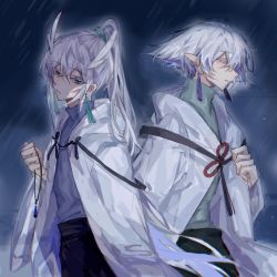 Rule 34 | 2boys, back-to-back, bai xiao, bishounen, blue eyes, bob cut, chishuixiaowangzi, closed eyes, daleth (sky: children of the light), earrings, grey hair, high ponytail, highres, holding, inverted bob, jewelry, male focus, multiple boys, pointy hair, ponytail, profile, short hair, sky: children of the light, tassel, tassel earrings, white hair
