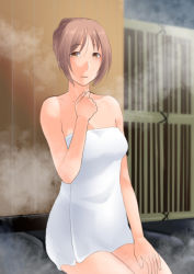 Rule 34 | 1girl, brown eyes, brown hair, kawai fuguri, long hair, naked towel, newhalf, sakai natsuki, sauna, towel