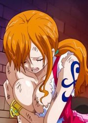Rule 34 | 1girl, bare shoulders, breasts, cleavage, closed eyes, dress, female focus, hairband, indoors, large breasts, long hair, nami (one piece), nami (one piece) (whole cake island), one piece, open mouth, orange hair, ponytail, screencap, sideboob, sitting, smoke, solo, tattoo, teeth, tongue