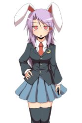 Rule 34 | 1girl, animal ears, black thighhighs, blazer, blouse, breasts, brooch, crescent moon, female focus, hair ornament, hairclip, hand on own hip, jacket, jewelry, kuroba rapid, large breasts, long hair, looking at viewer, moon, necktie, open mouth, pleated skirt, purple hair, rabbit ears, red eyes, reisen udongein inaba, shirt, skirt, solo, thighhighs, touhou, transparent background, zettai ryouiki