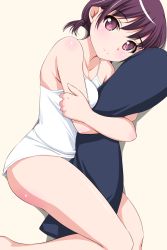 Rule 34 | 1girl, barefoot, between breasts, blush, body pillow, breasts, brown eyes, brown hair, camisole, highres, looking at viewer, low twintails, lying, matsunaga kouyou, hugging object, on side, original, panties, pillow, pillow hug, purple eyes, purple hair, short hair, short twintails, smile, solo, thighs, twintails, underwear