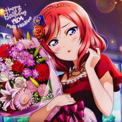Rule 34 | 1girl, :o, aihara diego, artist name, artist request, blue flower, blue ribbon, blush, bouquet, breasts, collarbone, dress, female focus, flower, front ribbon, hair between eyes, hair flower, hair ornament, highres, holding, holding bouquet, jewelry, looking at viewer, love live!, love live! school idol festival, love live! school idol festival all stars, love live! school idol project, medium breasts, necklace, nishikino maki, parted lips, pearl necklace, purple eyes, red dress, red flower, red hair, ribbon, short hair, solo