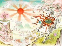 Rule 34 | amaterasu (ookami), artist request, cherry blossoms, commentary, day, english commentary, grass, issun, official art, ookami (game), outdoors, reflection, reflector (ookami), rock, scenery, sun, sunburst, tree, white wolf, wolf