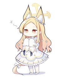 Rule 34 | 1girl, absurdres, animal ear fluff, animal ears, bare shoulders, blonde hair, blue archive, blush, closed mouth, cruciform halo, detached sleeves, dress, fox ears, full body, halo, highres, long hair, pantyhose, seia (blue archive), simple background, sleeves past fingers, sleeves past wrists, sob (submar1089), solo, standing, striped clothes, striped pantyhose, vertical-striped clothes, vertical-striped pantyhose, white background, white dress, white pantyhose, yellow eyes, yellow halo