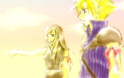 Rule 34 | 1990s (style), cloud, cloud strife, final fantasy, final fantasy vii, final fantasy vii advent children, from side, lowres, pointing, retro artstyle, sky, sunset, tifa lockhart