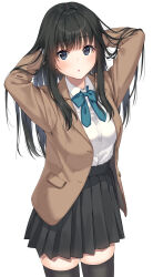 Rule 34 | 1girl, :o, arms up, black eyes, black hair, black skirt, black thighhighs, blazer, blue bow, blush, bow, breasts, brown jacket, collared shirt, commentary request, cowboy shot, dress shirt, hands in hair, highres, jacket, long hair, long sleeves, looking at viewer, open clothes, open jacket, original, parted lips, pleated skirt, school uniform, shirt, simple background, skirt, small breasts, solo, standing, thighhighs, unasaka ryou, very long hair, white background, white shirt