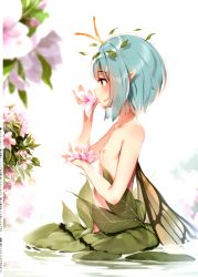 Rule 34 | 1girl, absurdres, antenna hair, blue hair, blurry, blurry foreground, blush, brown eyes, butterfly wings, collarbone, completely nude, eternity larva, flat chest, flower, from side, hand up, highres, holding, holding flower, huge filesize, insect wings, ke-ta, leaf, leaf on head, lily pad, nipples, nude, outdoors, pink flower, pointy ears, profile, scan, short hair, solo, standing, touhou, translation request, upper body, wading, water, white background, wings