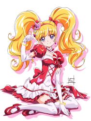 Rule 34 | 1girl, asahina mirai, bad id, bad pixiv id, blonde hair, bracelet, choker, cure miracle, cure miracle (ruby style), earrings, elbow gloves, gloves, hairband, hat, heart, heart earrings, highres, jewelry, long hair, looking at viewer, magical girl, mahou girls precure!, mini hat, mini witch hat, nii manabu, precure, purple eyes, ruby style, smile, solo, thighhighs, twintails, white background, white gloves, white thighhighs, witch hat, zettai ryouiki