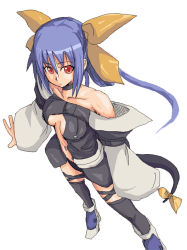 Rule 34 | 1girl, arc system works, armlet, bare shoulders, black thighhighs, blue hair, breasts, center opening, choker, collarbone, dizzy (guilty gear), full body, guilty gear, hair ribbon, kurosho, long hair, navel, red eyes, ribbon, simple background, solo, standing, tail, thighhighs, twintails, underboob, very long hair, white background, yellow ribbon