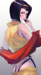 Rule 34 | 1girl, absurdres, ass, bare shoulders, black straps, blush, bob cut, butt crack, cowboy bebop, cowboy shot, dalcom, faye valentine, finger to mouth, from behind, gradient background, green eyes, grey background, hairband, highres, hip focus, looking at viewer, looking back, off shoulder, pink lips, purple hair, red shirt, shirt, short hair, sleeveless, sleeveless shirt, smile, solo, standing, strap, white background, widow&#039;s peak, yellow hairband, yellow shirt
