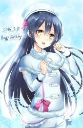 Rule 34 | 10s, 1girl, 2015, absurdres, bad id, bad twitter id, blue hair, bow, cowboy shot, dated, detached sleeves, happy birthday, hat, highres, karumayu, long hair, long sleeves, love live!, love live! school idol project, open mouth, snow halation, solo, sonoda umi, winter clothes, yellow eyes