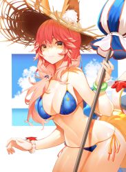 Rule 34 | 1girl, :3, absurdres, animal ear fluff, animal ears, bare arms, bare shoulders, bikini, blue bikini, bracelet, breasts, brown eyes, brown hat, cleavage, cloud, collarbone, ears through headwear, fate/grand order, fate (series), fox ears, fox girl, fox tail, groin, hair over shoulder, hat, highres, holding, holding umbrella, innertube, jewelry, large breasts, long hair, looking at viewer, navel, pink hair, pro-p, side-tie bikini bottom, smile, solo, stomach, straw hat, swim ring, swimsuit, tail, tamamo (fate), tamamo no mae (fate/extra), tamamo no mae (swimsuit lancer) (fate), thighs, umbrella