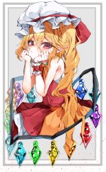 Rule 34 | 1girl, :/, absurdres, adapted costume, bare shoulders, blonde hair, blush, crystal, dress, flandre scarlet, hair between eyes, hands on own cheeks, hands on own face, hat, hat ribbon, highres, long hair, looking at viewer, mob cap, pointy ears, red eyes, ribbon, sitting, solo, touhou, tsune (tune), wings, wrist cuffs
