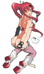 Rule 34 | 00s, 1girl, :d, arched back, ass, asymmetric gloves, asymmetrical gloves, back, bare shoulders, belt, bikini, bikini top only, black gloves, black shorts, blush, boota (ttgl), boots, breasts, chibi, chibi inset, fingerless gloves, flame print, full body, gloves, hair ornament, hair stick, kurosho, long hair, looking at viewer, looking back, medium breasts, midriff, navel, open mouth, orange eyes, panties, panty pull, pink thighhighs, ponytail, red hair, scarf, shorts, sideboob, simple background, sketch, skull hair ornament, smile, solo, stomach, swimsuit, tengen toppa gurren lagann, thighhighs, underwear, uneven gloves, unzipped, white background, yoko littner