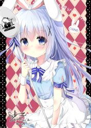 Rule 34 | 1girl, alternate costume, animal ears, apron, argyle, argyle background, argyle clothes, blue bow, blue bowtie, blue dress, blue eyes, blue hair, blush, border, bow, bowtie, breasts, character name, closed mouth, club (shape), collared dress, commentary request, cowboy shot, diamonds (playing card), dress, fake animal ears, flower, frilled apron, frills, gochuumon wa usagi desu ka?, hair between eyes, hair ornament, hairclip, hearts (playing card), highres, holding, holding spoon, kafuu chino, kouda suzu, lace, lace border, light blue hair, long hair, looking at viewer, ornate border, oversized object, puffy short sleeves, puffy sleeves, rabbit ears, rose, short sleeves, sidelocks, signature, small breasts, smile, solo, spade (shape), spoon, striped bow, striped bowtie, striped clothes, striped neckwear, two-tone background, white apron, wing collar, wrist cuffs, x hair ornament