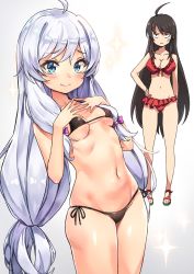 Rule 34 | 2girls, ahoge, anger vein, angry, arm behind back, bare arms, bare legs, bare shoulders, bikini, black bikini, black hair, black ribbon, blue eyes, blush, bow, breasts, breasts apart, cleavage, closed mouth, collarbone, cowboy shot, fingers together, frilled bikini, frills, full body, gradient background, grey background, hair bow, hand on own hip, hands on own chest, hands up, highres, iris yuma, large breasts, long hair, looking at viewer, low-tied long hair, low twintails, micro bikini, multiple girls, navel, purple bow, rainmaker, red bikini, red bow, ribbon, sandals, shaded face, side-tie bikini bottom, silver hair, skindentation, small breasts, smile, solo focus, soulworker, standing, stella unibell, stomach, straight hair, string bikini, swimsuit, tareme, thighs, twintails, underboob, v-shaped eyebrows, very long hair
