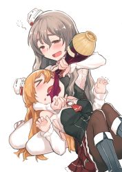 Rule 34 | &gt; &lt;, 10s, 2girls, :d, alcohol, ascot, bare shoulders, black footwear, blonde hair, blush, boots, bottle, bow, breasts, brown hair, brown legwear, closed eyes, clothing cutout, drinking, drunk, feeding, force-feeding, forced drinking, garter straps, hair between eyes, half-closed eyes, hat, hat bow, head grab, highres, holding, holding bottle, kantai collection, knee boots, kylin, large breasts, long sleeves, lying, mini hat, miniskirt, motion lines, multiple girls, on back, open mouth, pantyhose, pola (kancolle), pouring, red bow, red skirt, side cutout, simple background, sitting, skirt, smile, thighhighs, trembling, white background, white hat, wince, wine, wine bottle, yokozuwari, zara (kancolle)